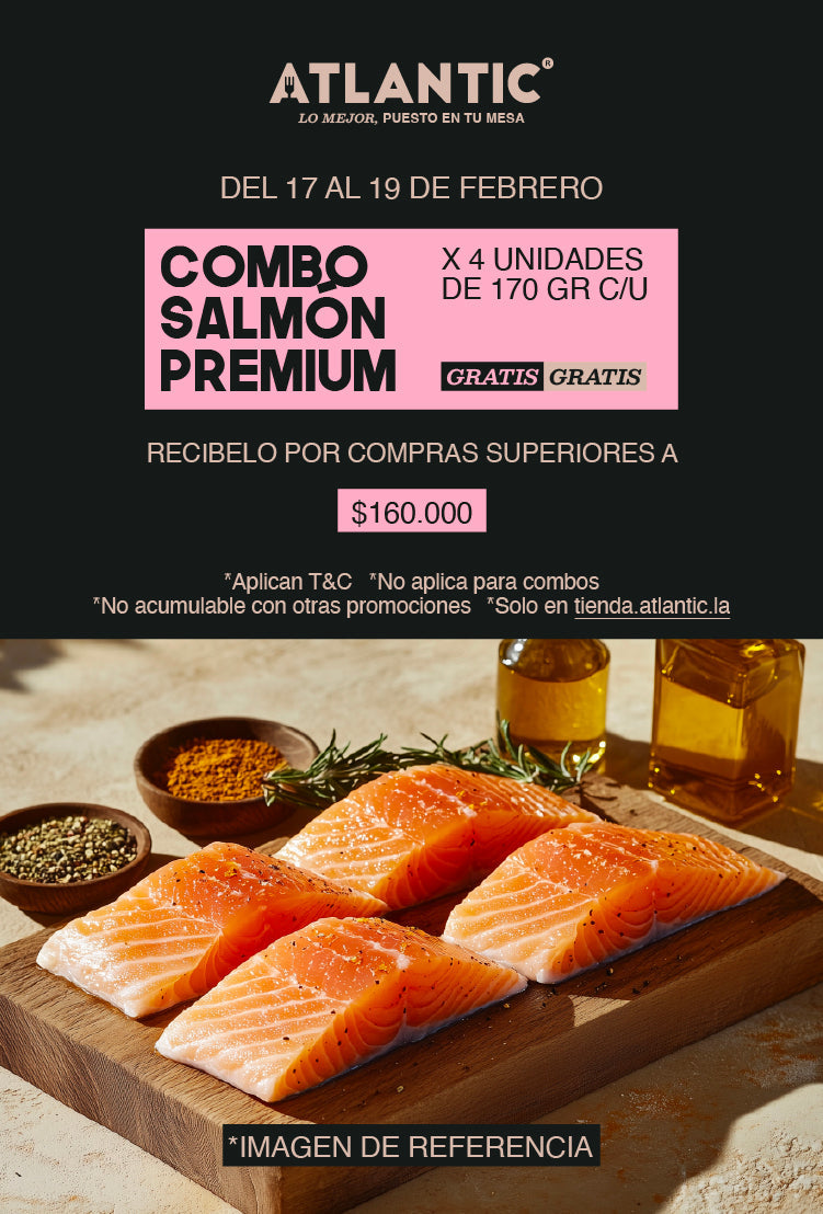 T&C Actividad del 17 al 19 de Febrero de 2025 Por compras que superen los 160.000 recibe completamente GRATIS Combo Salmón Premium x4 unidades de 170g c/u.
